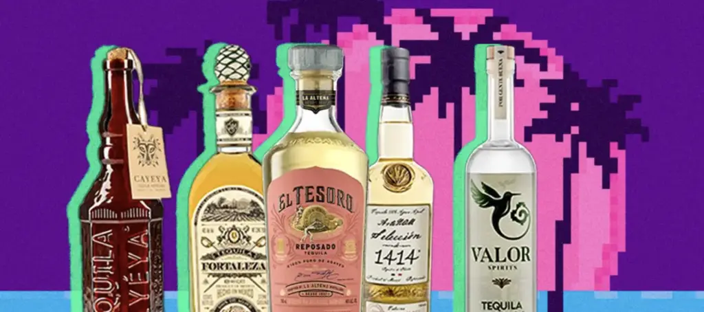 5 tequila bottles, including Valor Blanco, against a sunset backdrop